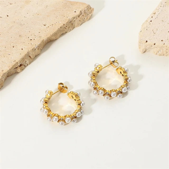 Pearl Zircon Inlaid C Shape hoops