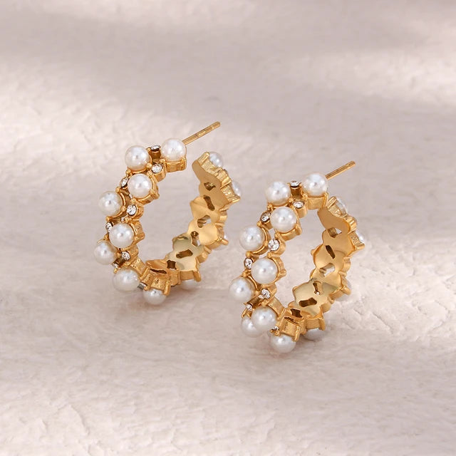 Pearl Zircon Inlaid C Shape hoops