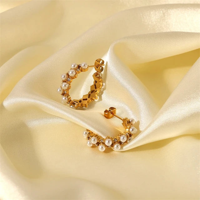 Pearl Zircon Inlaid C Shape hoops