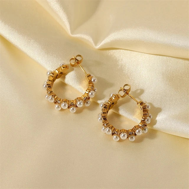 Pearl Zircon Inlaid C Shape hoops