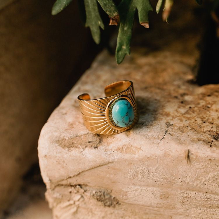 Turquoise Decor Textured Cuff Ring