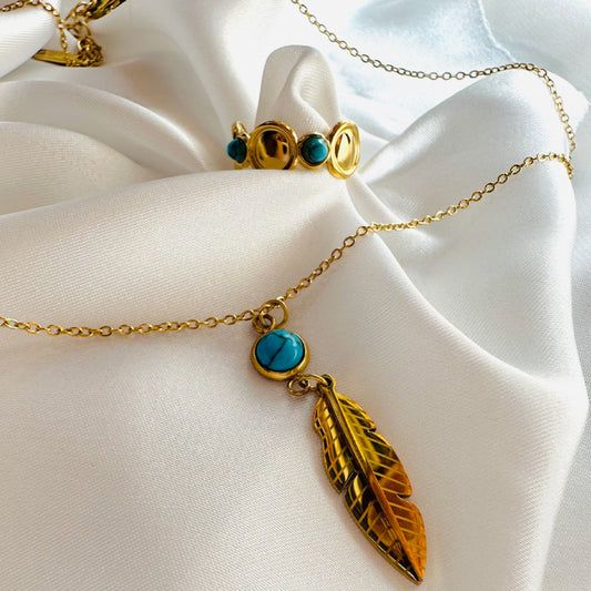 Turquoise Gold feather charm necklace