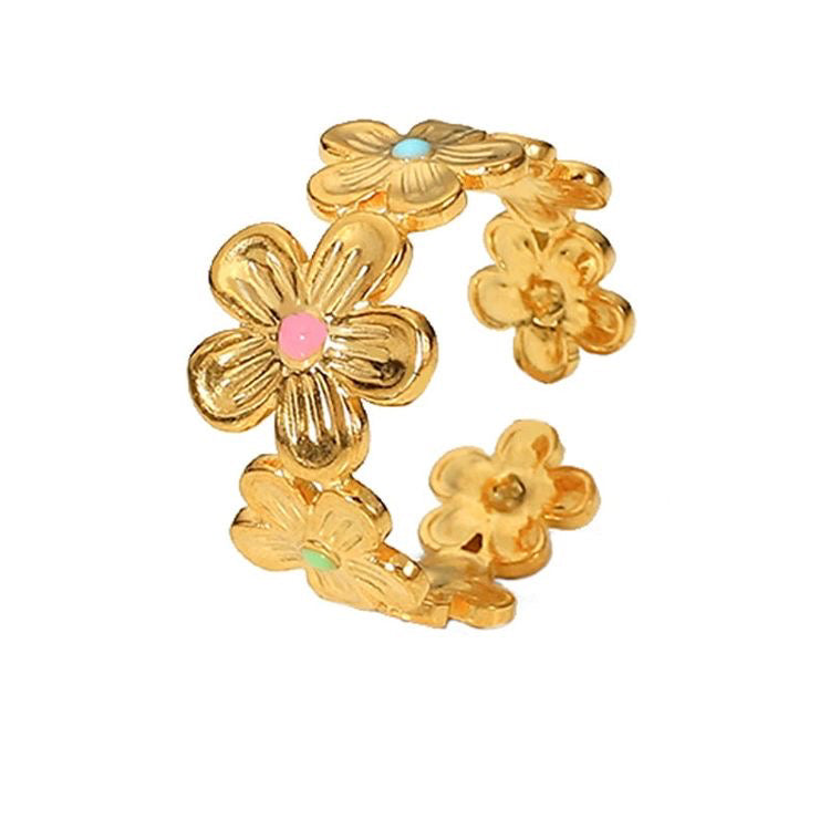 Teal & Pink Multicolor Floral Adjustable Ring