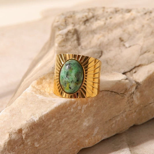 Oval African Turquoise Wide Faceted Open Ring