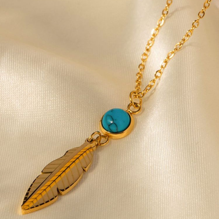 Turquoise Gold feather charm necklace