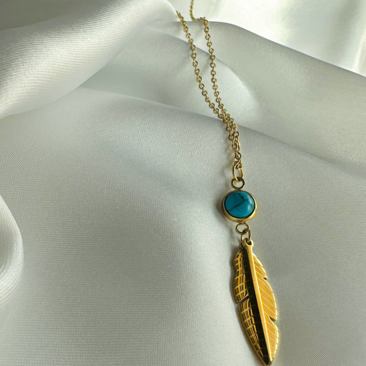 Turquoise Gold feather charm necklace