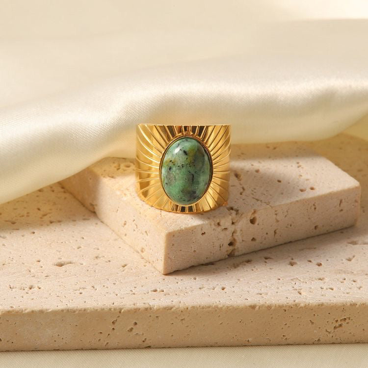 Oval African Turquoise Wide Faceted Open Ring